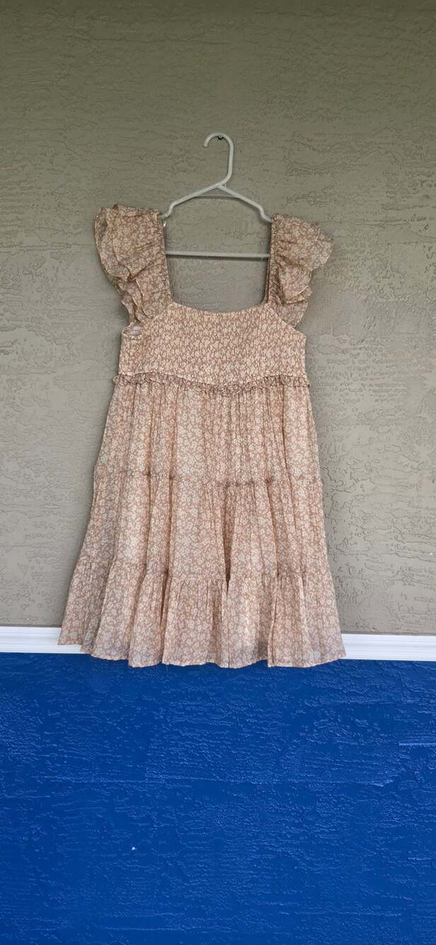 Altar'd State Floral Smocked Flutter Sleeve Dress Size L Beige